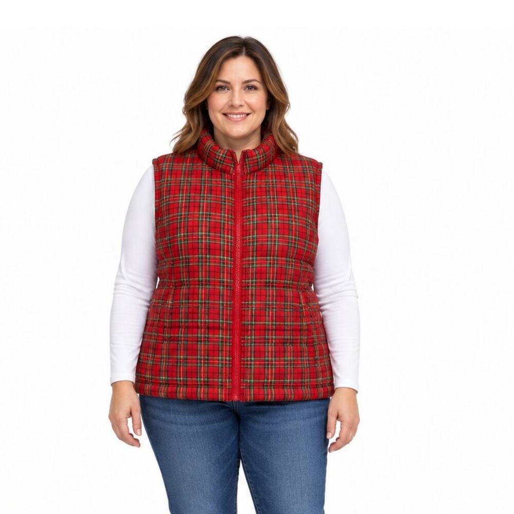 Charter Club Woman Red Plaid Winter Vest Size 1X Down and Feathers Filled